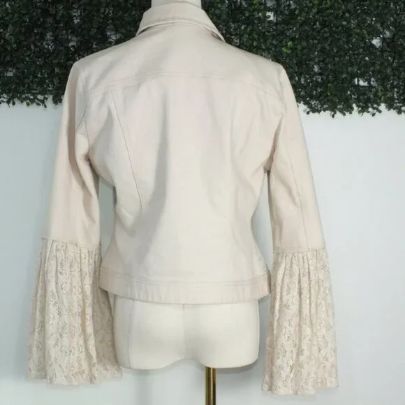 Vintage Boston Proper Small Beaded Floral Embroidered Denim Jacket Lace Cuffs - Picture 6 of 15